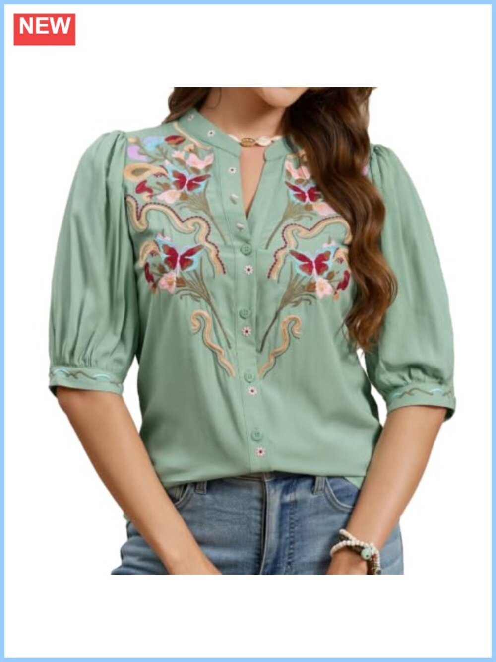 Women's Embroidered Boho Blouse Puff Sleeve Button Down Summer Top